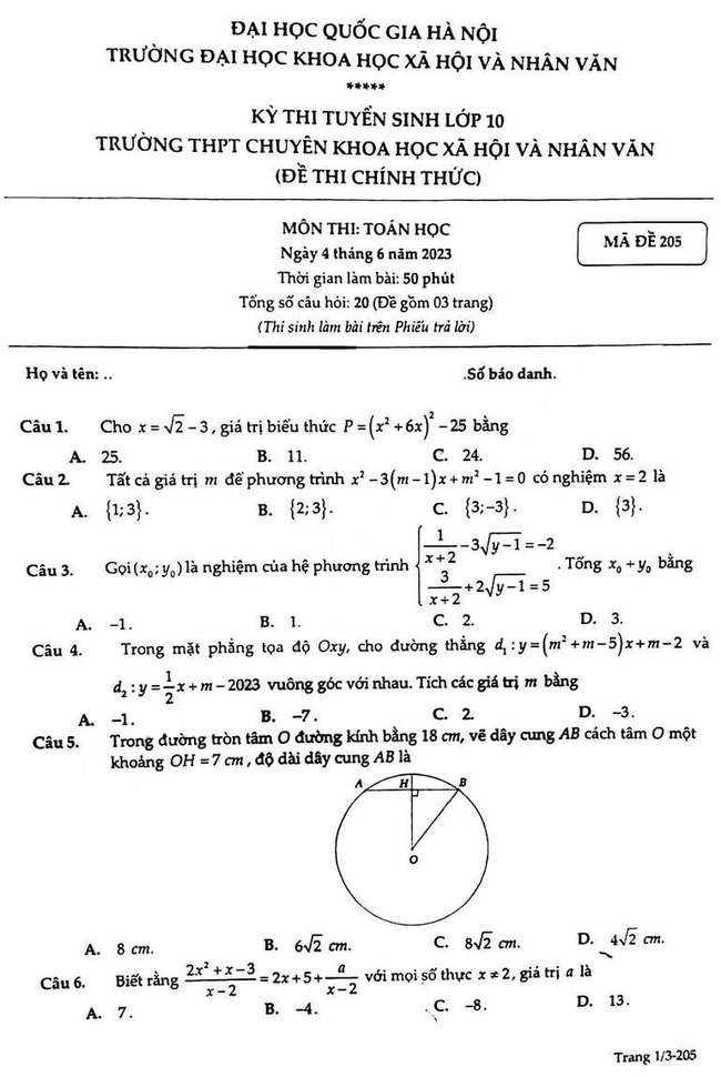 đề thi Toán chung vào 10 Chuyên KHXH và nhân văn HN 2023 ảnh 1