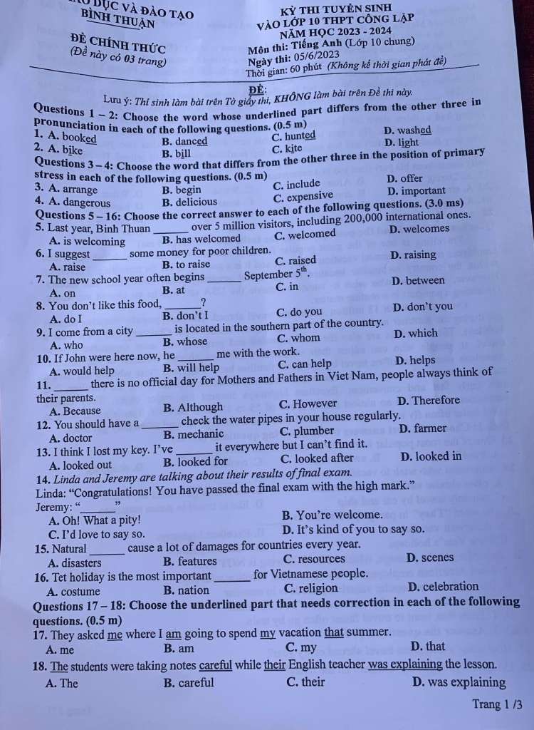 Đề thi tuyển sinh lớp 10 môn Anh Bình Thuận 2023 trang 1