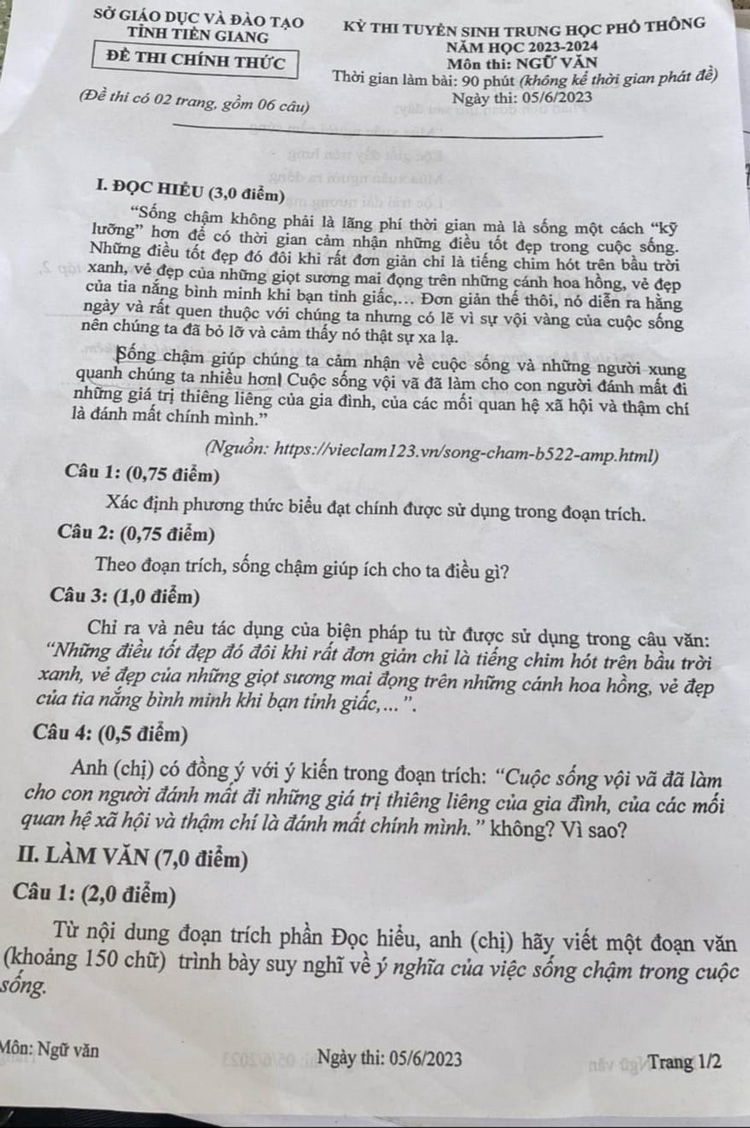 đề thi tuyển sinh lớp 10 môn Văn tỉnh Tiền Giang 2023 trang 1