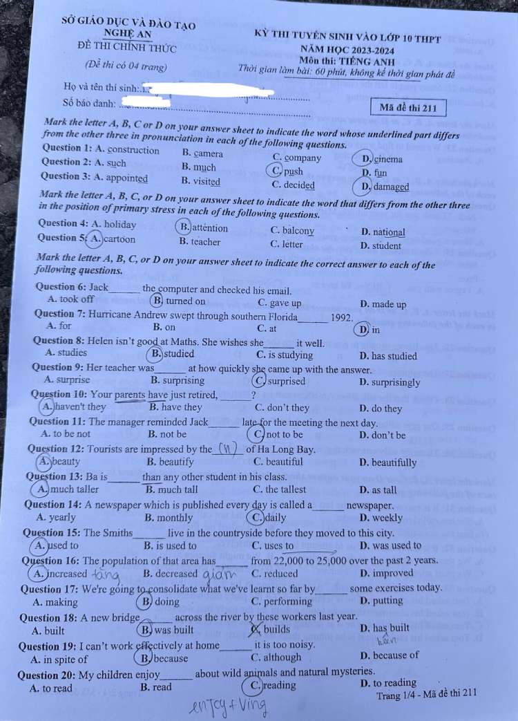 Đáp án đề thi vào lớp 10 môn tiếng Anh Nghệ An 2023 trang 1