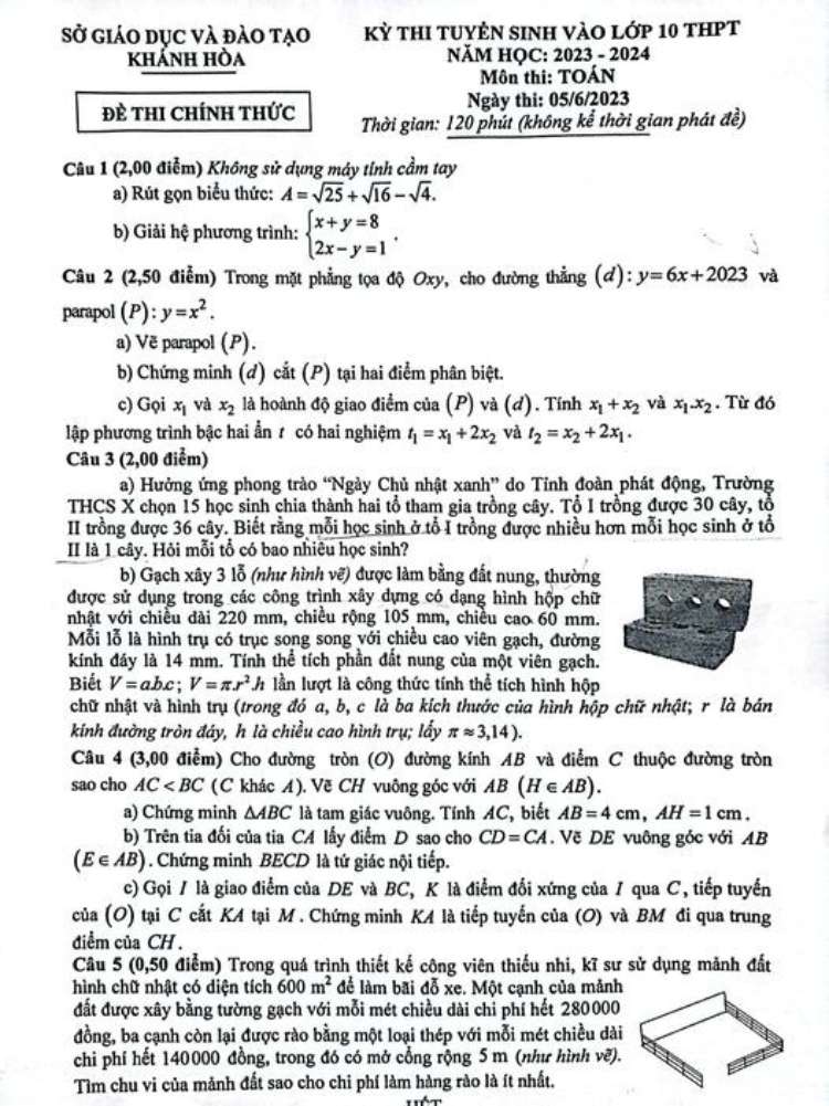 Đáp án đề thi vào lớp 10 môn toán tỉnh Khánh Hoà năm 2023