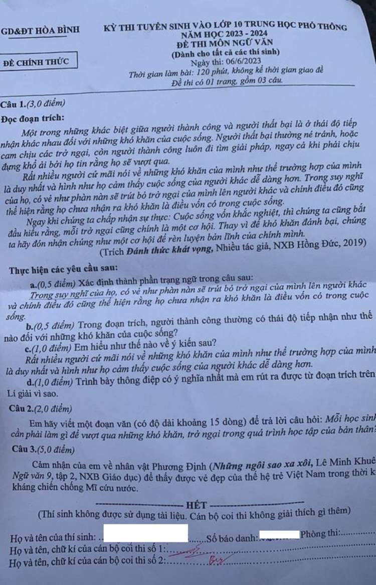 Đề thi vào 10 môn Văn 2023 tỉnh Hòa Bình
