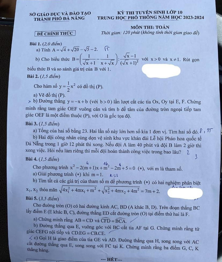 Đề thi tuyển sinh lớp 10 môn Toán Đà Nẵng 2023