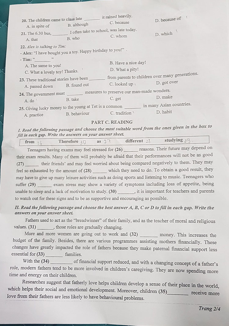 Đáp án đề thi tiếng Anh vào lớp 10 tỉnh Thanh Hoá năm 2023 trang 2