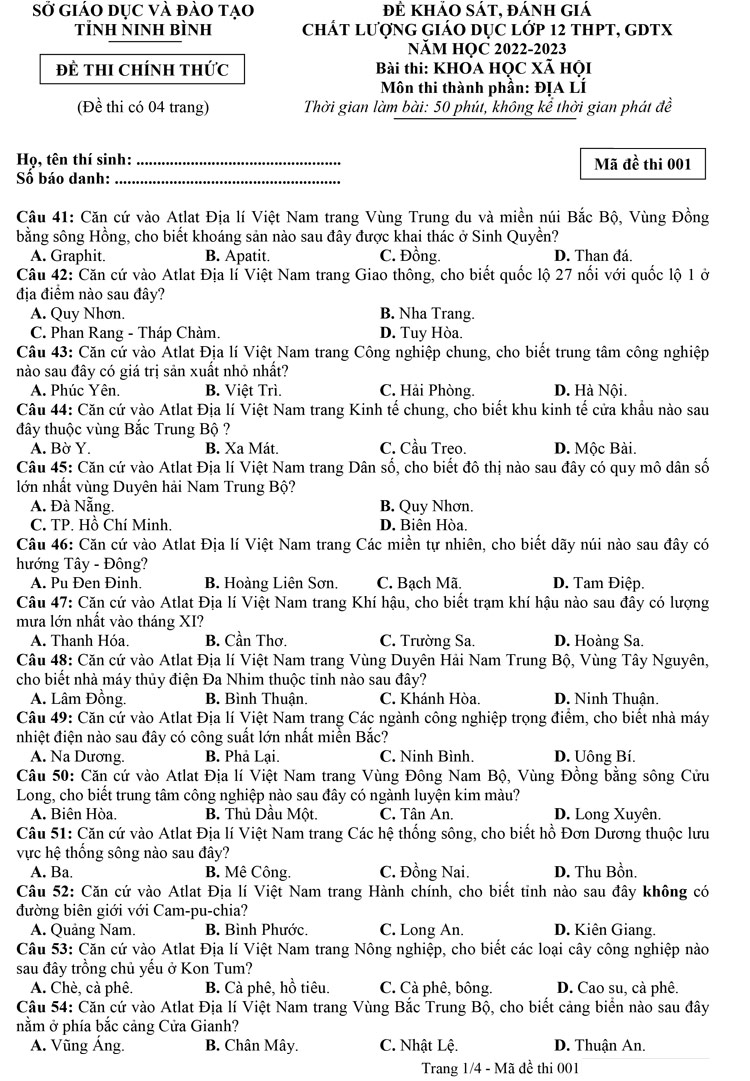 Đề thi thử thpt quốc gia 2023 môn địa Sở GD Ninh Bình trang 1