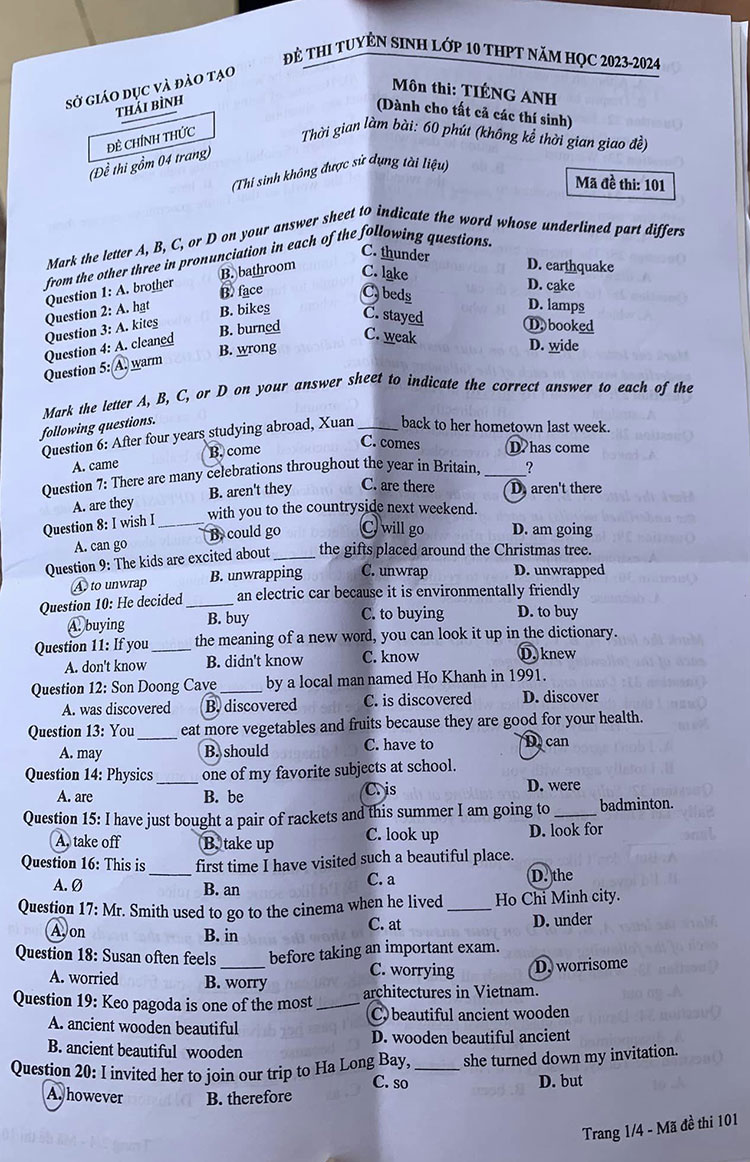Đáp án đề thi tiếng Anh vào 10 Thái Bình 2023 trang 1