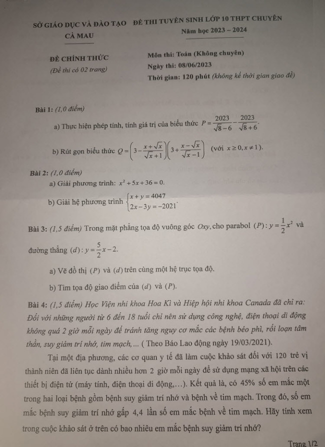 Đề thi tuyển sinh lớp 10 môn Toán Cà Mau 2023 trang 1