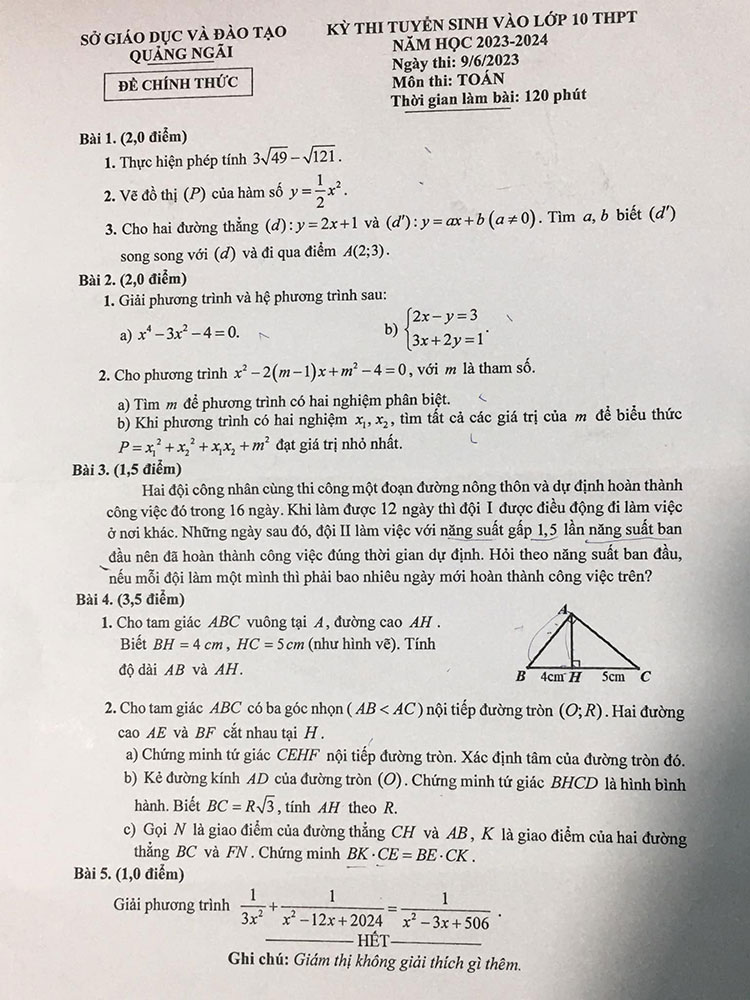 Đáp án đề thi vào 10 môn Toán Quảng Ngãi năm 2023