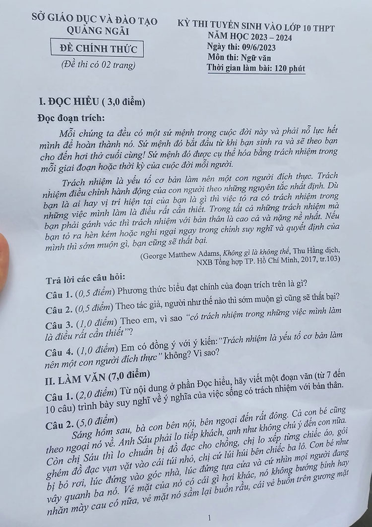 Đáp án đề thi vào 10 môn văn Quảng Ngãi năm 2023 trang 1