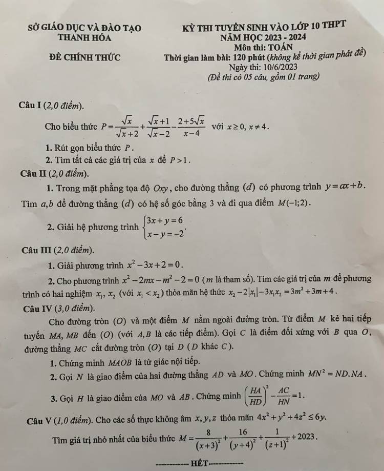 Đáp án đề thi vào 10 môn toán Thanh Hoá năm 2023
