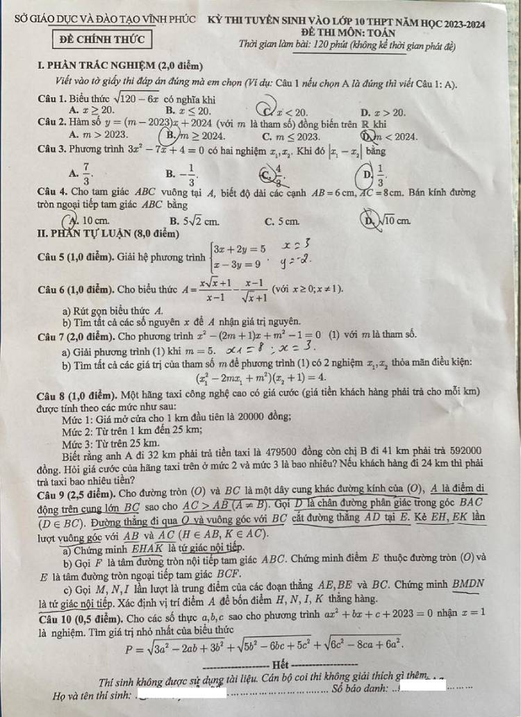 Đáp án đề thi vào lớp 10 môn toán tỉnh Vĩnh Phúc 2023