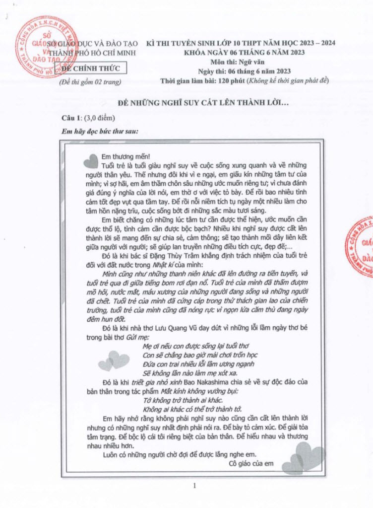 đề thi tuyển sinh lớp 10 môn văn HCM 2023 ảnh 1