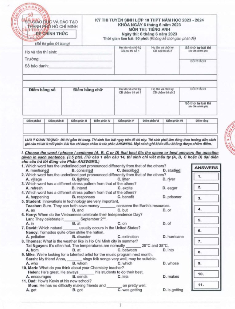 đề thi tuyển sinh lớp 10 môn Anh TP HCM năm học 2023 ảnh 1