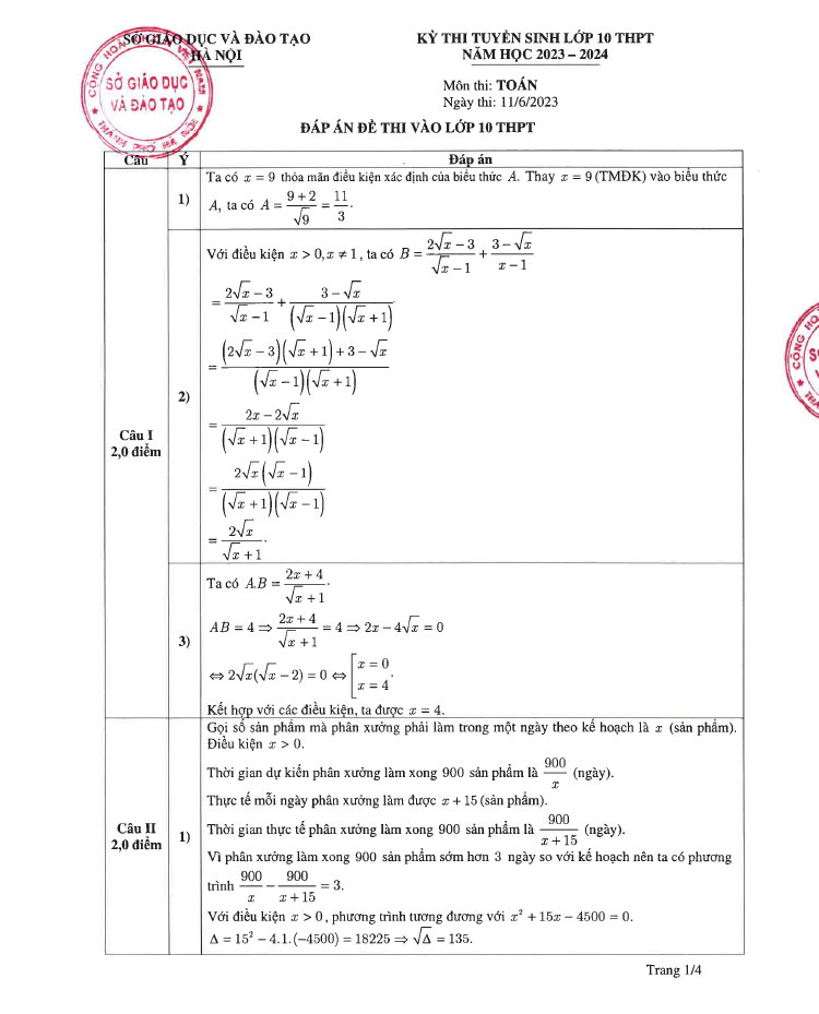 Đáp án đề thi vào 10 môn toán Hà Nội 2023 chính thức ảnh 1