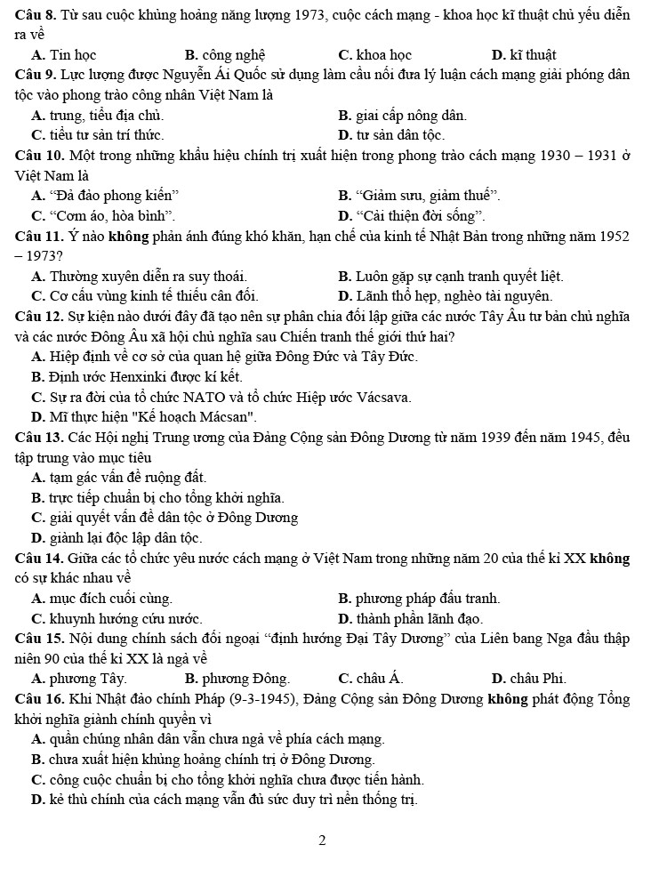 Đề thi thử thpt quốc gia 2023 môn sử chuyên Nguyễn Trãi lần 1 trang 2