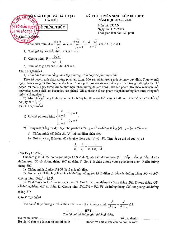đề thi vào 10 môn toán Hà Nội 2023 chính thức