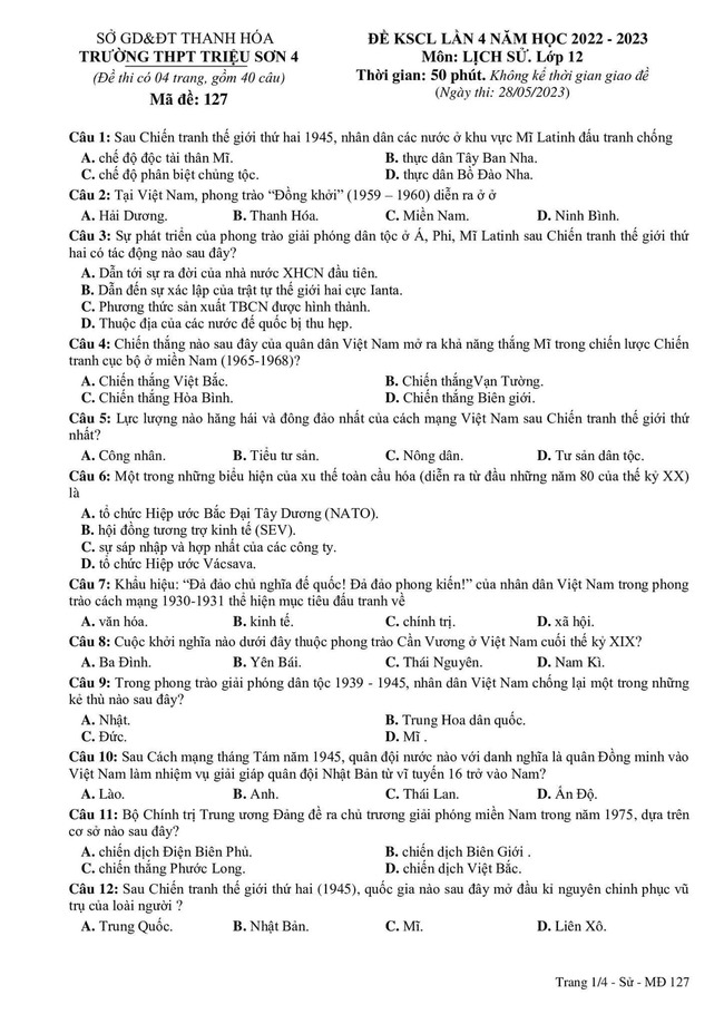 Đề thi thử môn sử 2023 THPT Triệu Sơn 4 lần 4 trang 1