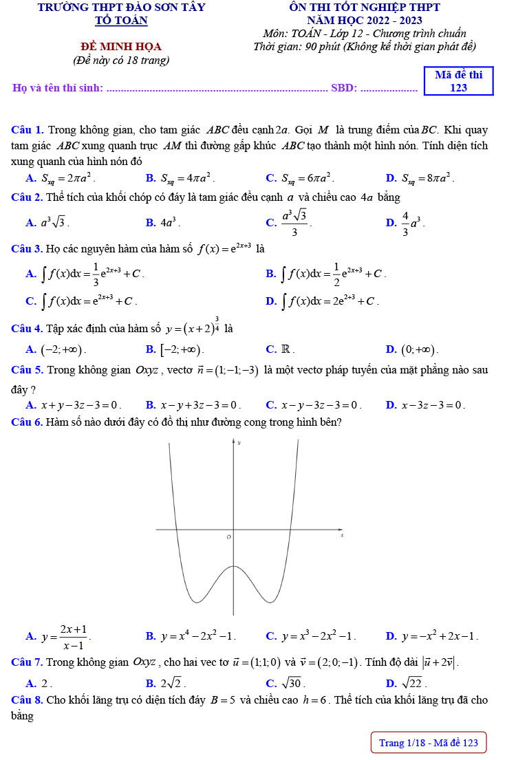 Đề thi thử toán 2023 Đào Sơn Tây - TP.HCM trang 1