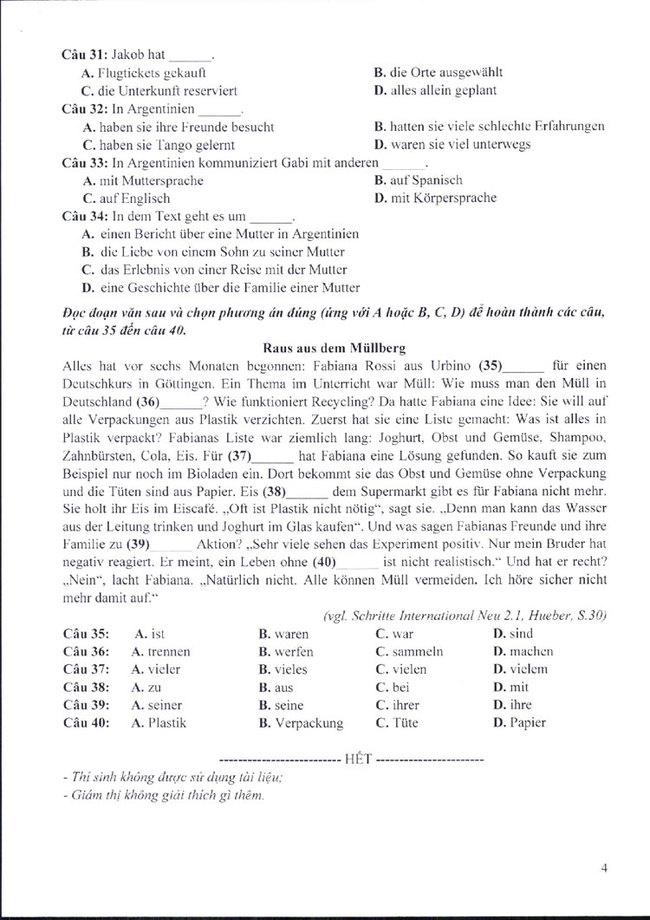 Trang 4 Đề thi minh họa môn tiếng Đức 2025