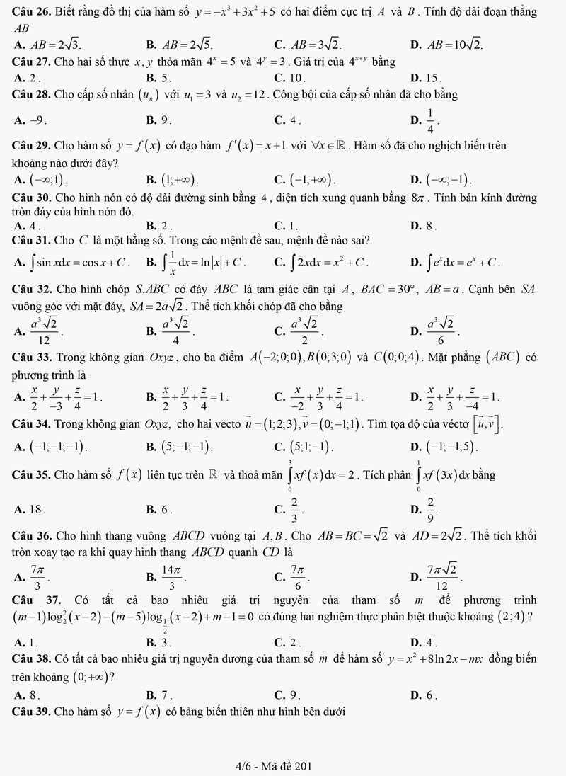 Đề rèn luyện kĩ năng làm bài môn toán 12 Tân Yên 1 lần 2 trang 4