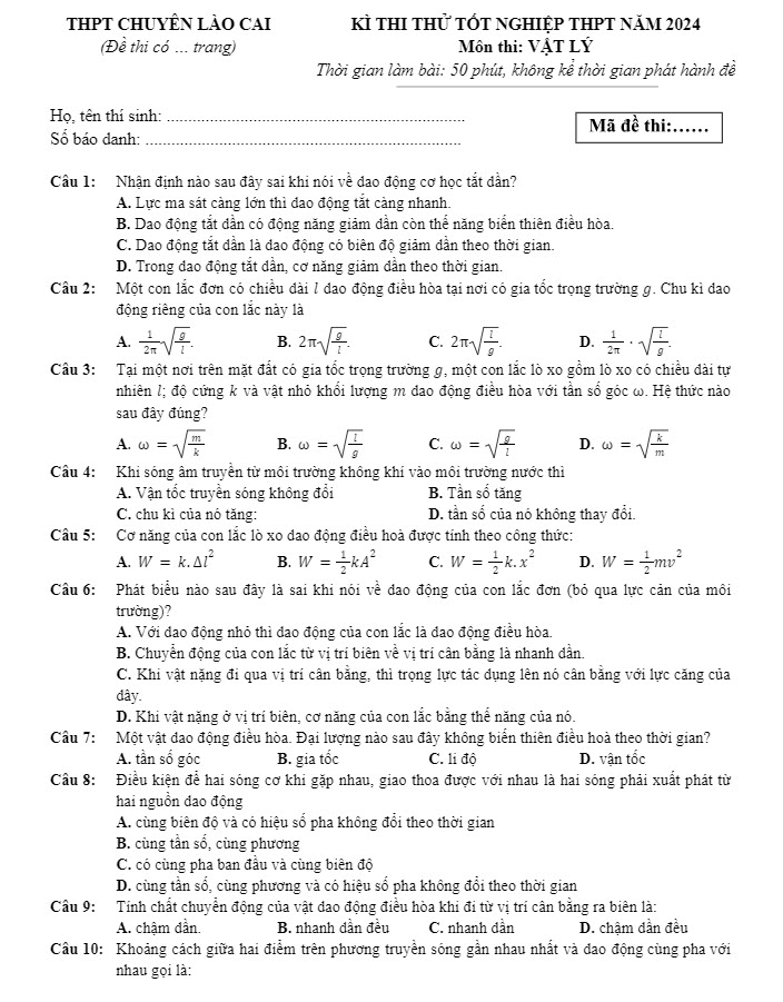Đề thi thử tốt nghiệp môn lý 2024 Chuyên Lào Cai ảnh 1