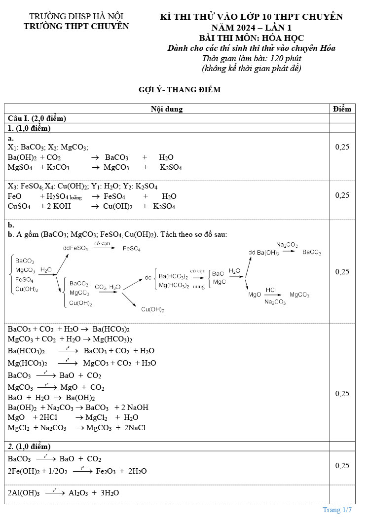 Đáp án đề thi thử vào lớp 10 chuyên Hóa 2024 Chuyên SP lần 1 ảnh 1