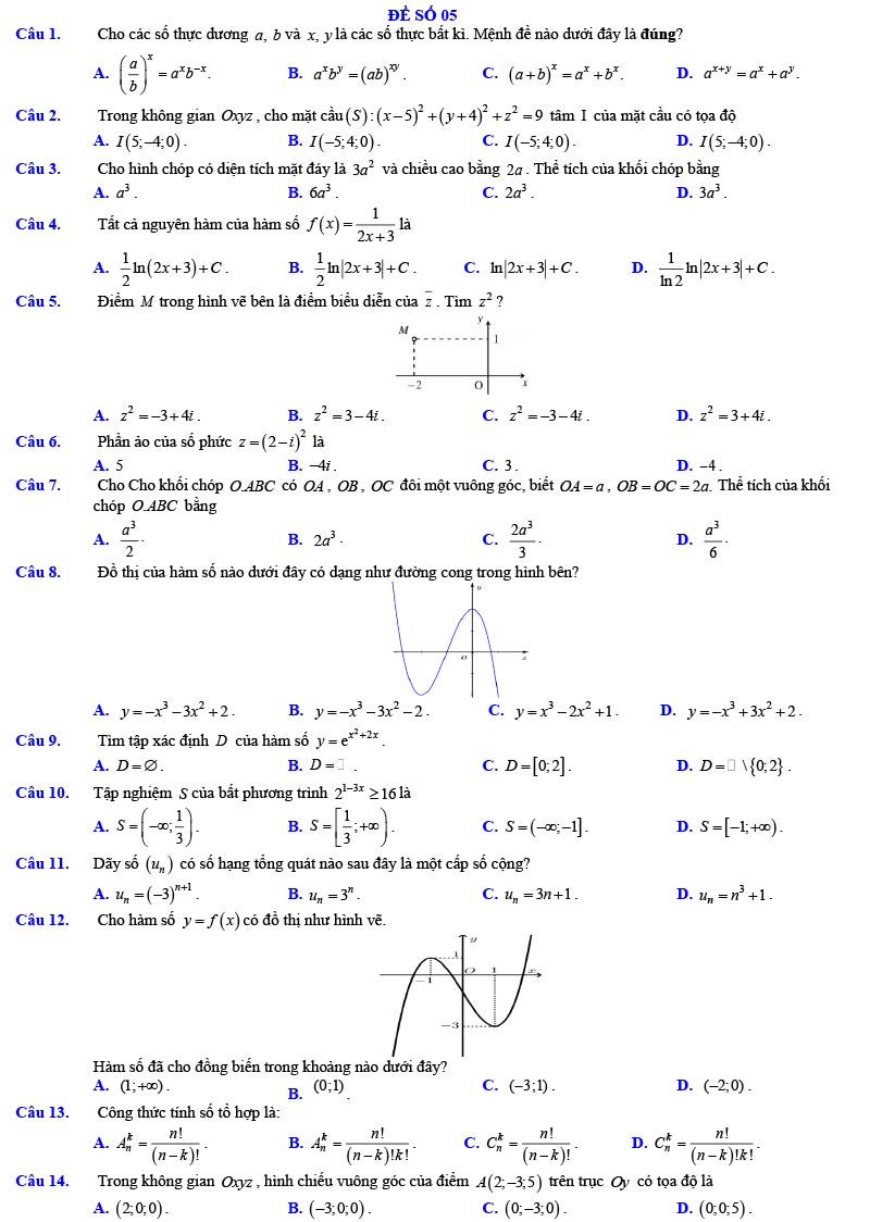 Đề thi thử Toán tốt nghiệp THPT mẫu số 5 trang 1
