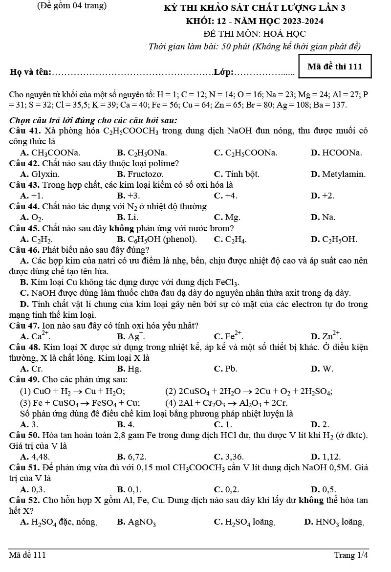 Đáp án đề thi thử môn hóa 2024 THPT Đội Cấn lần 3 trang 1