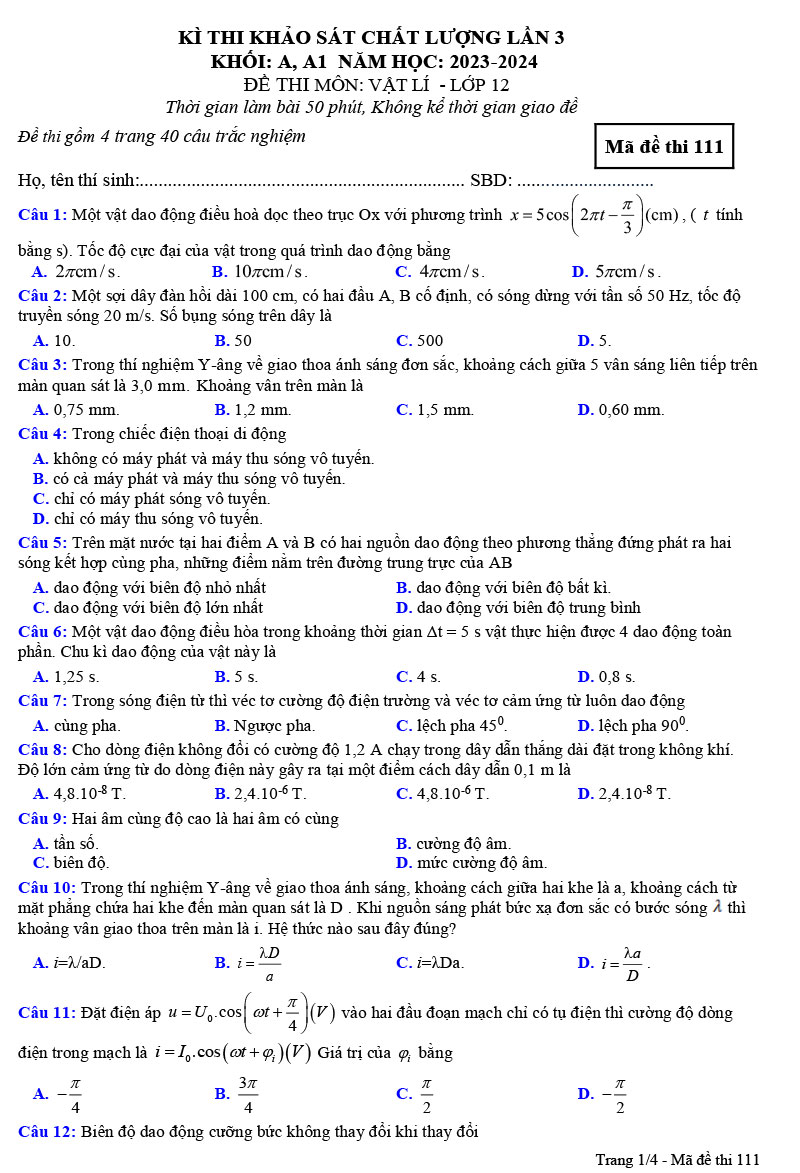 Đề thi thử tốt nghiệp môn Lý 2024 trường Đội Cấn lần 3 trang 1