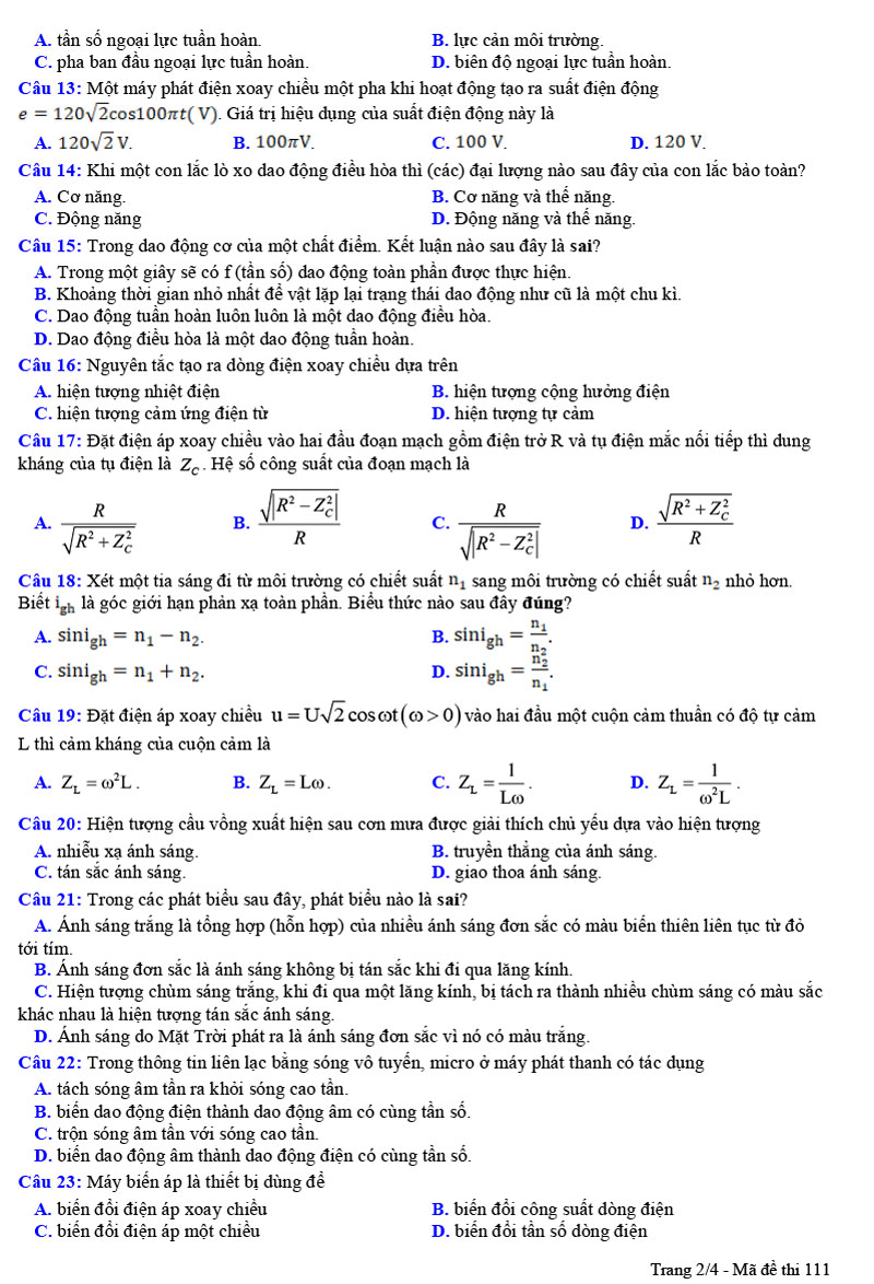 Đề thi thử tốt nghiệp môn Lý 2024 trường Đội Cấn lần 3 trang 2