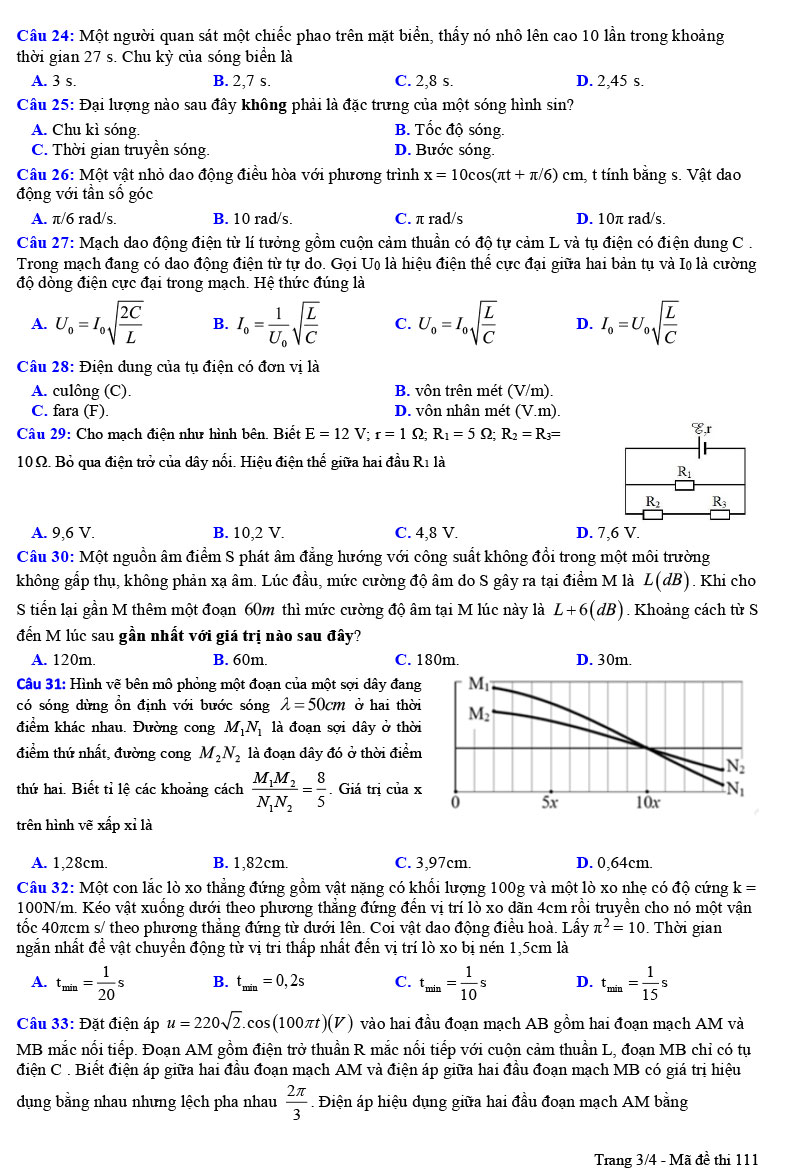 Đề thi thử tốt nghiệp môn Lý 2024 trường Đội Cấn lần 3 trang 3