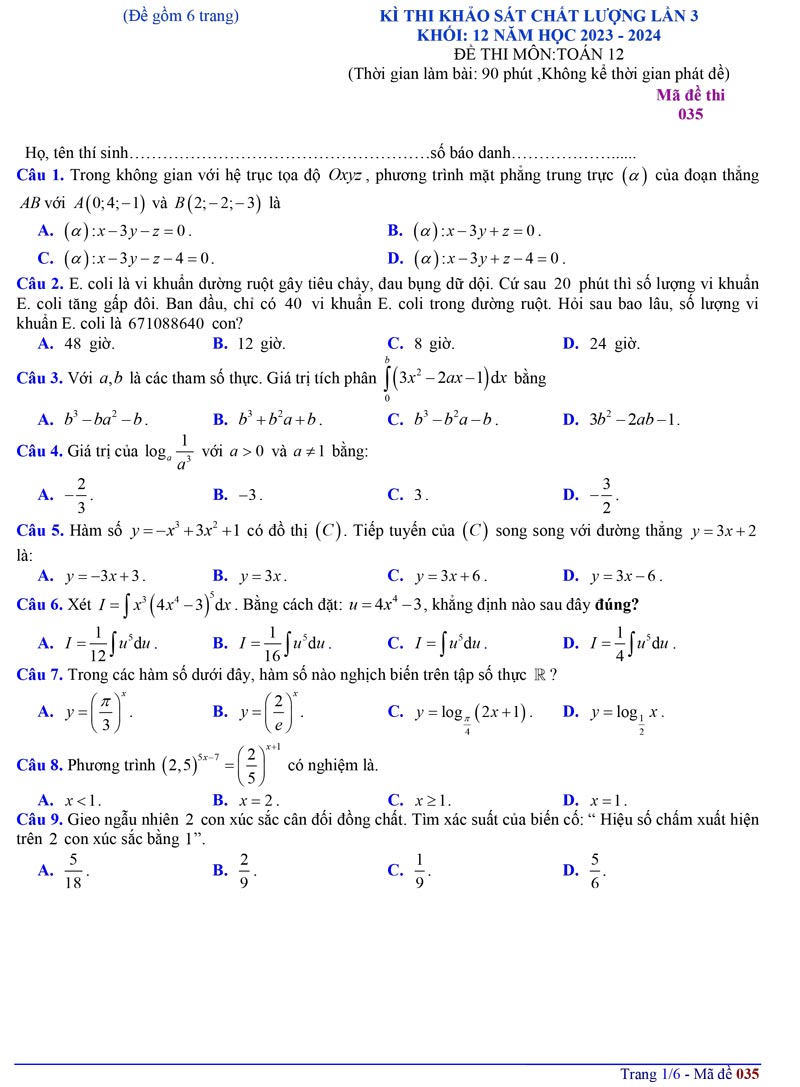Đề thi thử tốt nghiệp môn Toán 2024 trường Đội Cấn lần 3 trang 1