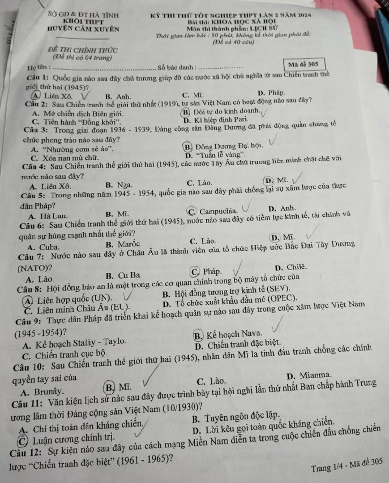 Đề thi thử tốt nghiệp môn sử 2024 Cẩm Xuyên lần 2 trang 1