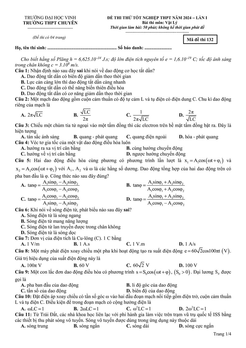 Đề thi thử tốt nghiệp môn lý 2024 lần 1 chuyên ĐH Vinh trang 1