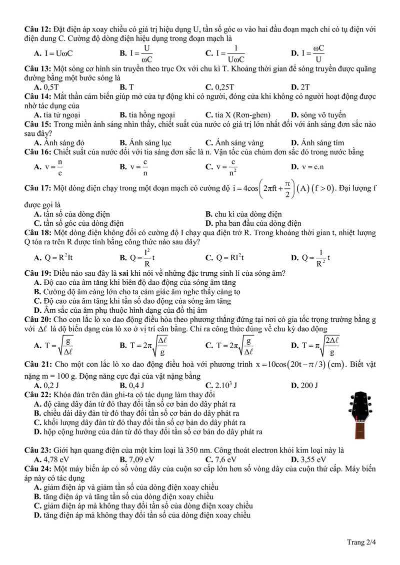 Đề thi thử tốt nghiệp môn lý 2024 lần 1 chuyên ĐH Vinh trang 2