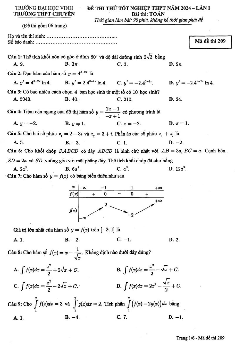 Đề thi thử tốt nghiệp môn Toán 2024 chuyên ĐH Vinh lần 1 trang 1