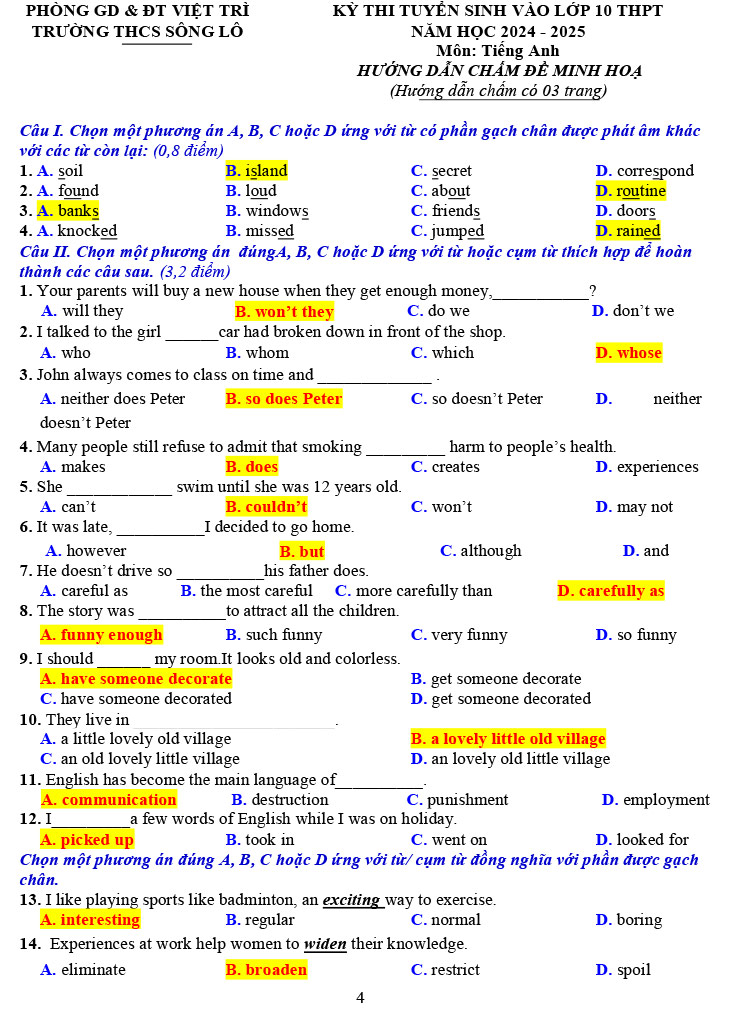 Đề thi thử vào 10 môn Anh 2024 THCS Sông Lô ảnh 4