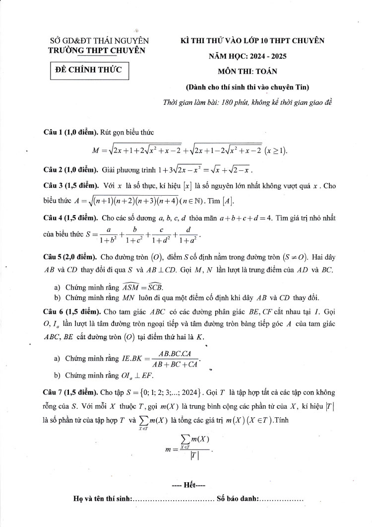 Đề thi thử vào lớp 10 chuyên Toán Tin 2024 Chuyên Thái Nguyên ảnh 1