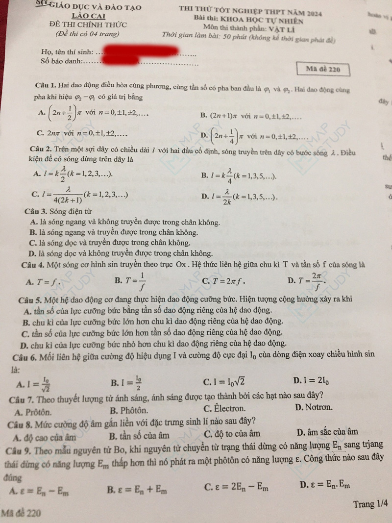 Đề thi thử tốt nghiệp môn lý 2024 Sở GD Lào Cai trang 1