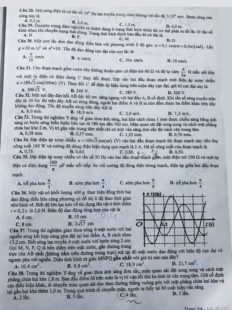 Đề thi thử tốt nghiệp môn lý 2024 sở GD Nam Định trang 3