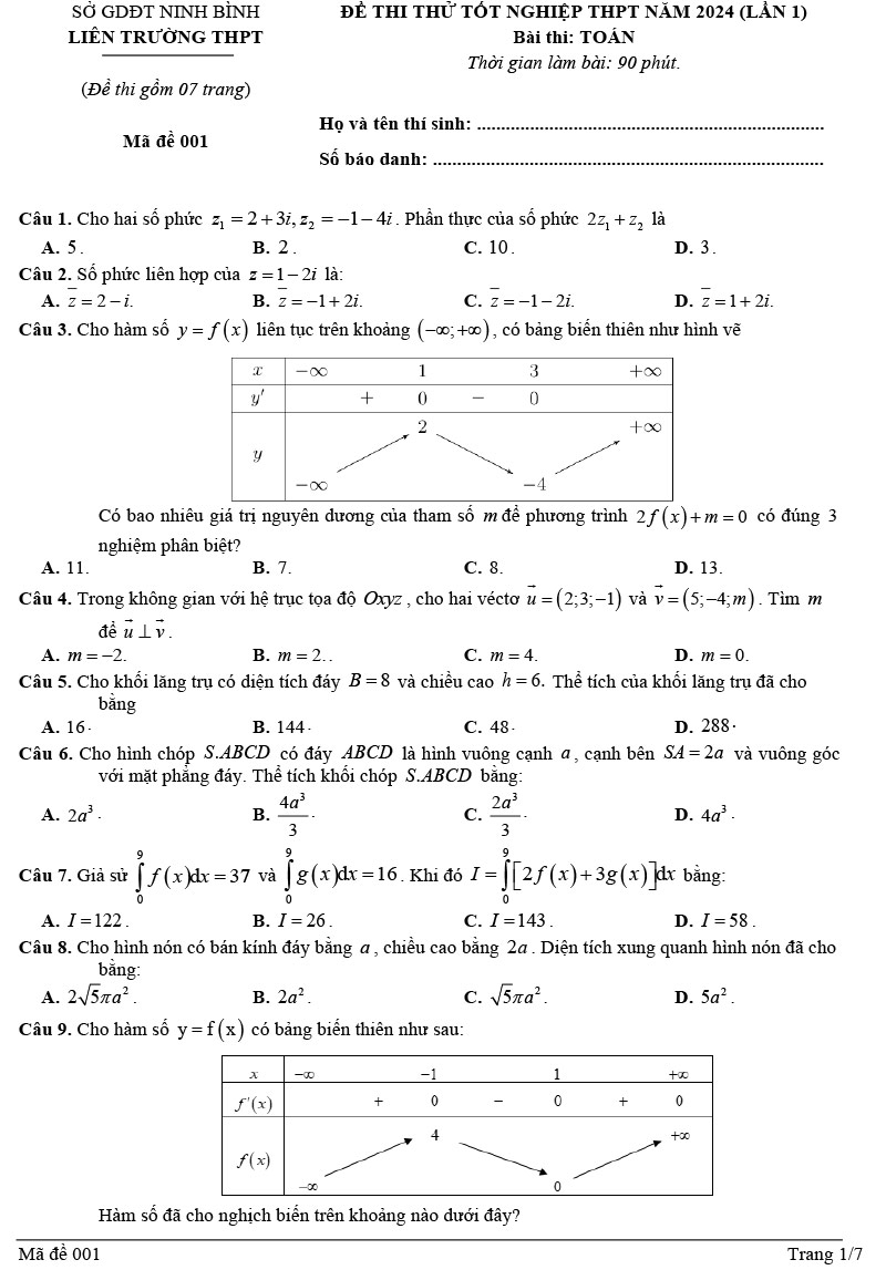 Đề thi thử tốt nghiệp môn toán 2024 liên trường Ninh Bình trang 1