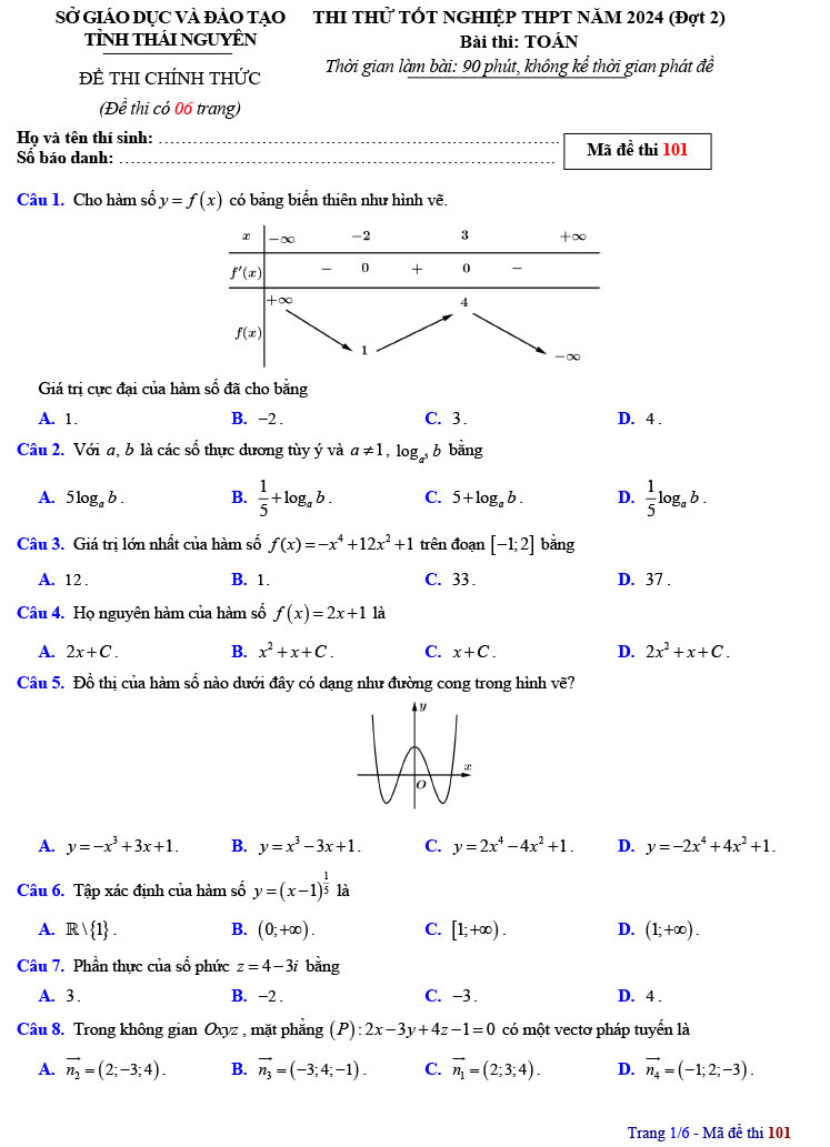 Đề thi thử môn toán tốt nghiệp 2024 Sở Thái Nguyên đợt 2 ảnh 1