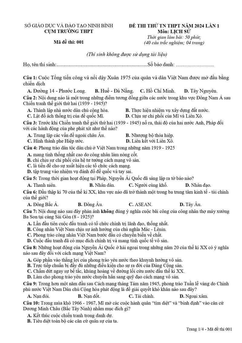 Đề thi thử TN THPT môn sử 2024 liên trường Ninh Bình lần 1 trang 1