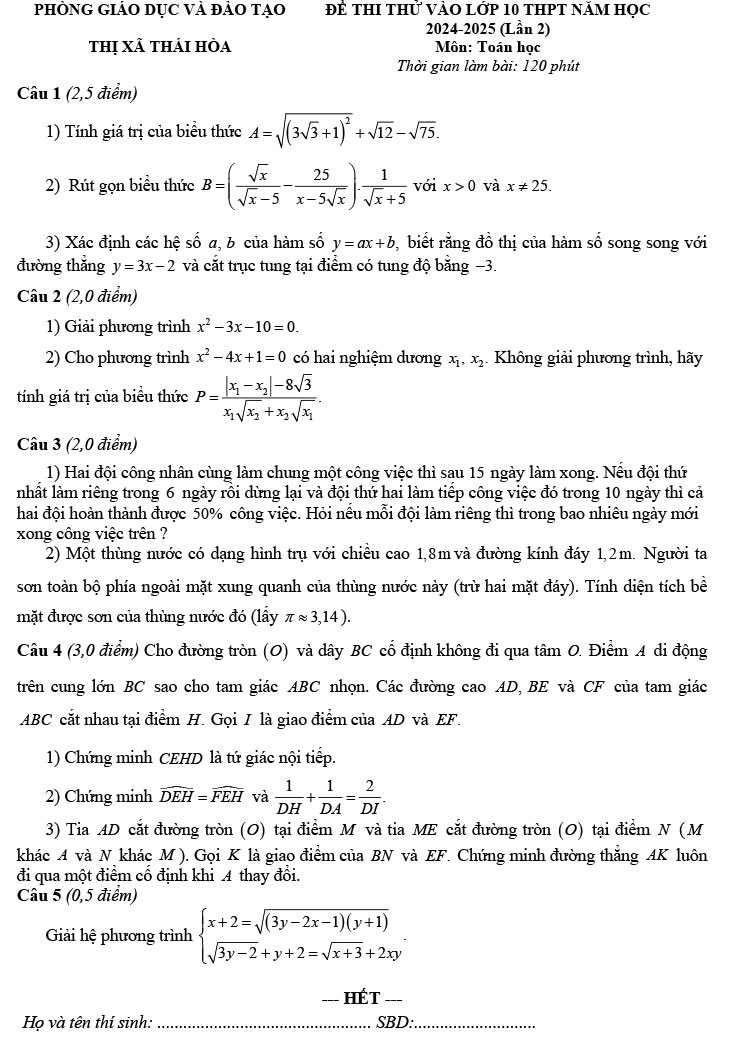 Đề thi thử vào 10 môn Toán 2024 phòng GD&ĐT Thái Hòa