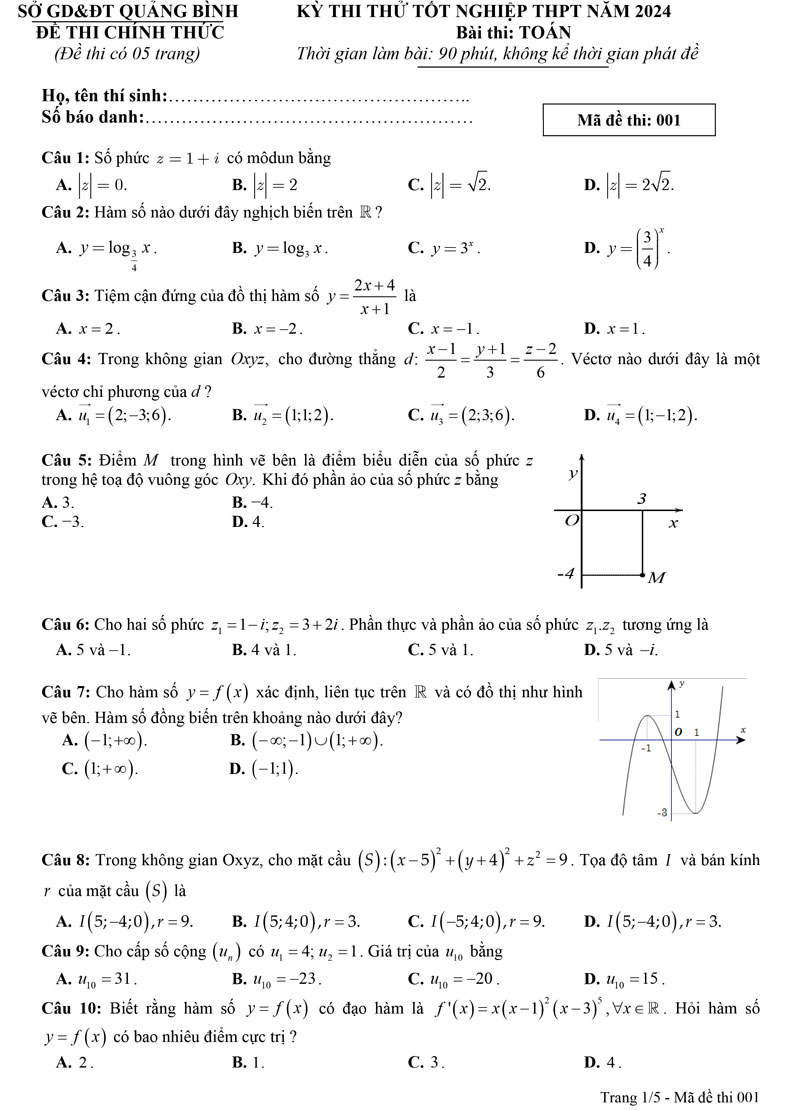 Đề thi thử tốt nghiệp môn Toán 2024 Quảng Bình trang 1