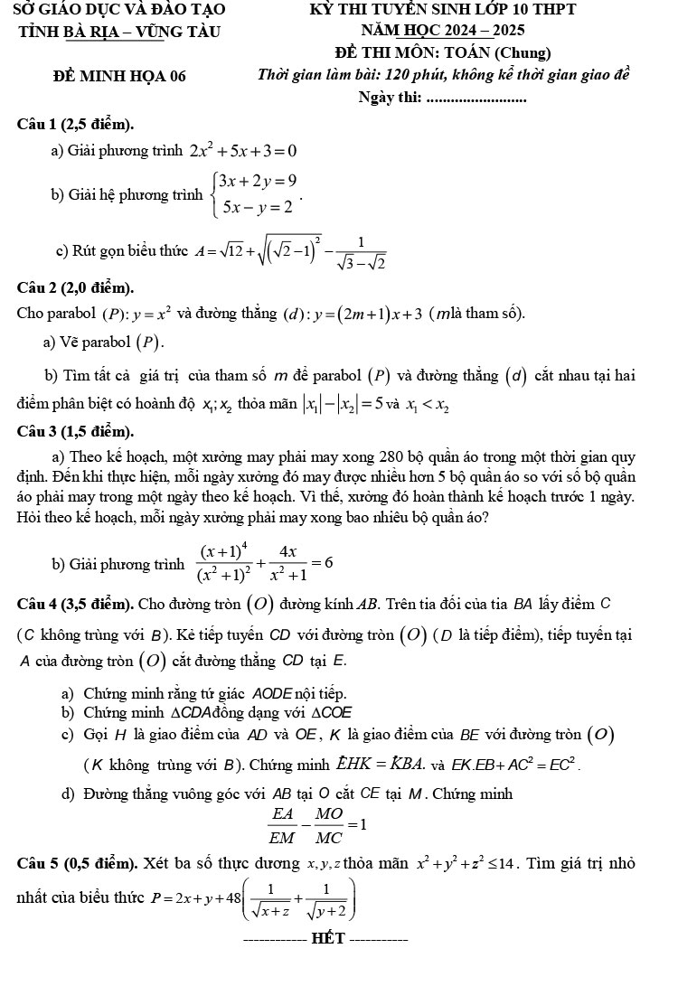 Đề thi thử vào 10 môn Toán 2024 đề minh họa số 6