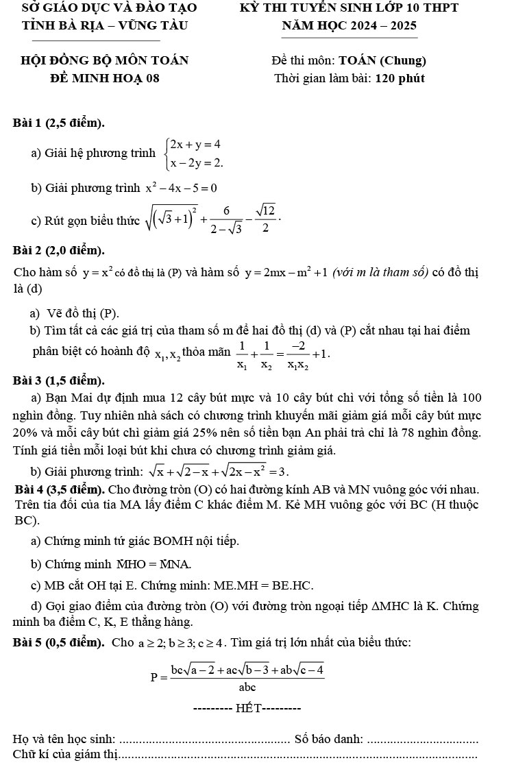 Đề thi thử vào 10 môn Toán 2024 - đề minh họa số 8
