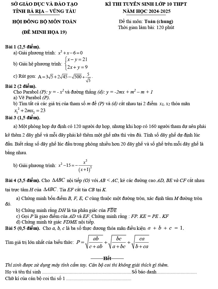 Đề thi thử vào 10 môn Toán 2024minh họa số 19 BRVT