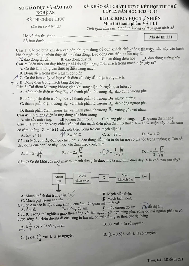 Đề thi thử tốt nghiệp môn lý 2024 sở GD Nghệ An trang 1