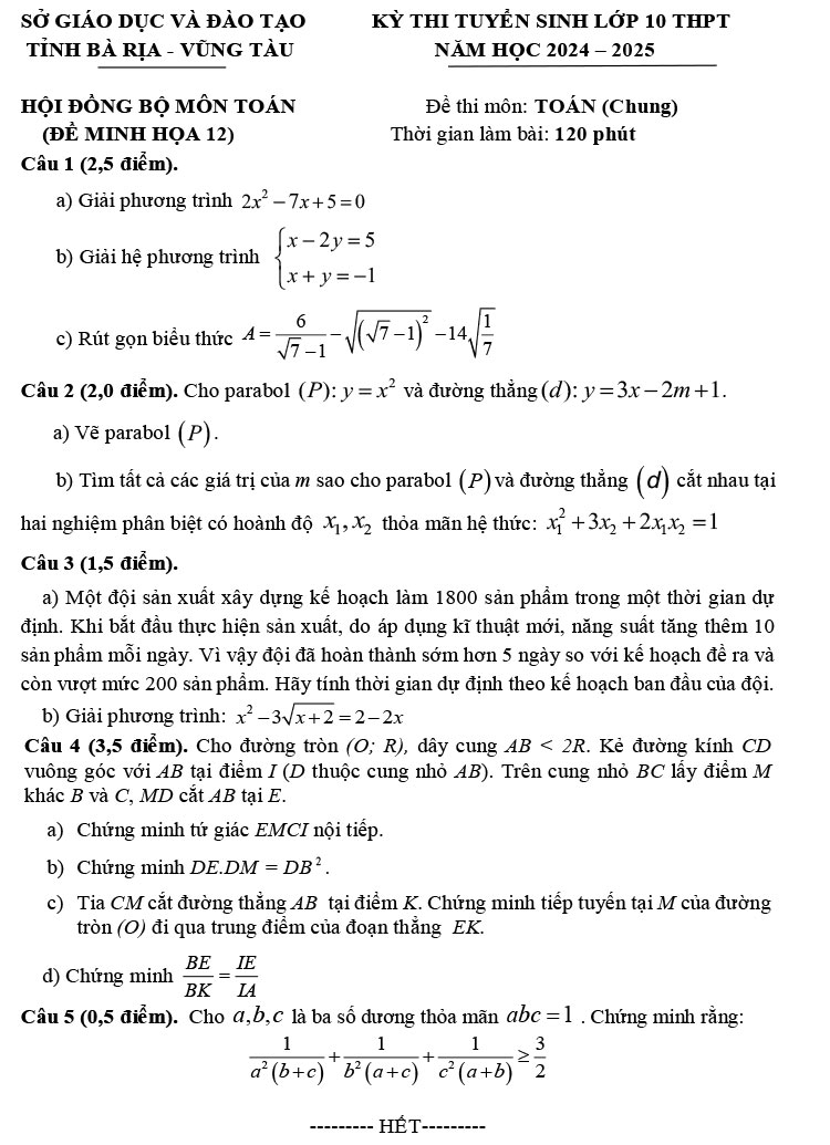 Đề thi thử vào 10 môn Toán 2024 - đề minh họa số 12